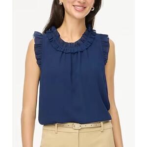 J.Crew Ruffled Neck Crinkle Top WMNS S Navy Blue Sleeveless Sheer Lined Crewneck
